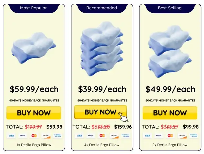 Derila Ergo Pillow Pricing USA — 1, 2 or 3 Pillow Packages